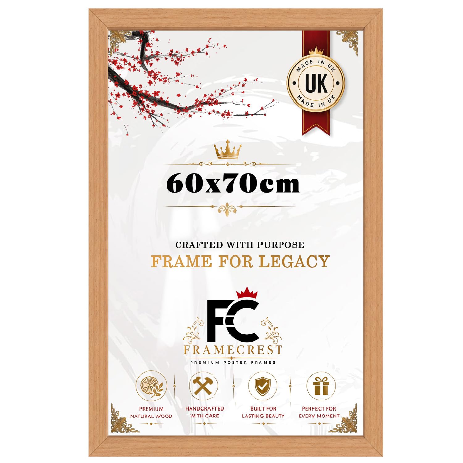 FRAMECREST Professional Design 60x70cm Poster/Picture Frame | MDF Wood Finish Clear Perspex | Portrait or Landscape Wall Display - [Beech]