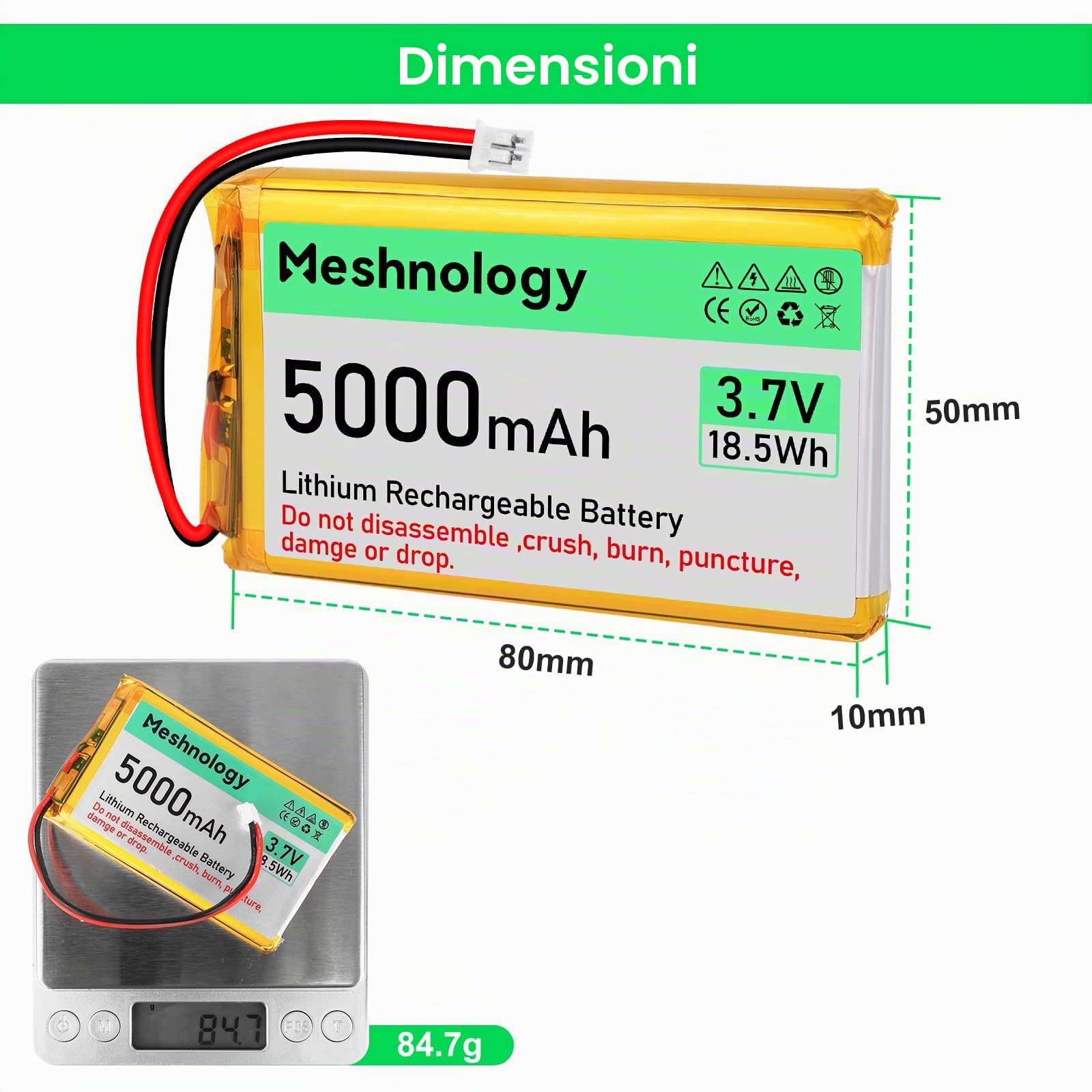 2 PZ 3.7V 5000mAh Li Batteria 105080 con PH 2.0 USB Cavo del Caricatore 1S LiPo Batteria con Bordo di Protezione Isolato Nastro di Gomma per Arduino ESP32 Scheda Modulo Drone RC Auto