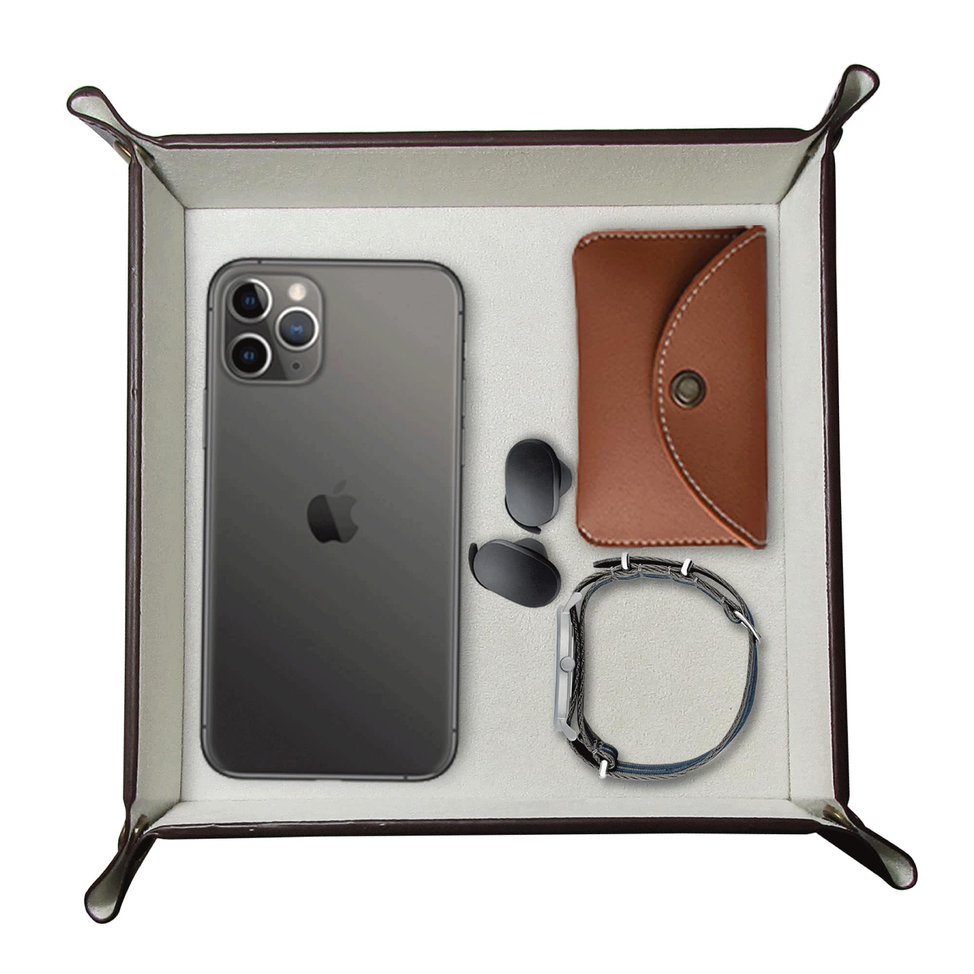 Leather Valet Tray Organizer for Men and Women - Home and Office, Desk and Bedside Catchall holder for Wallets, Jewelry, Watches, Keys, Coins, Mobile, Cosmetics, TV Remote (Powder White)