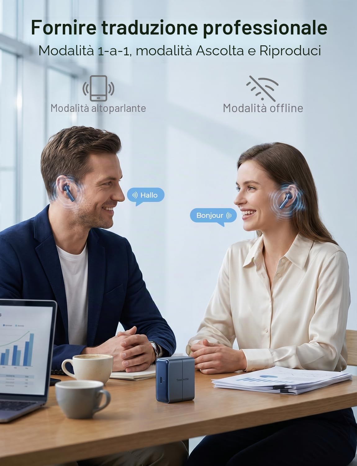 Timekettle W4 AI Cuffie Traduttore, Traduzione Simultanea Bidirezionale, Dispositivo di Traduzione, Sensore Vocale Osseo per Chiarezza, Compatibile con iOS & Android, Privacy Protetta secondo GDPR