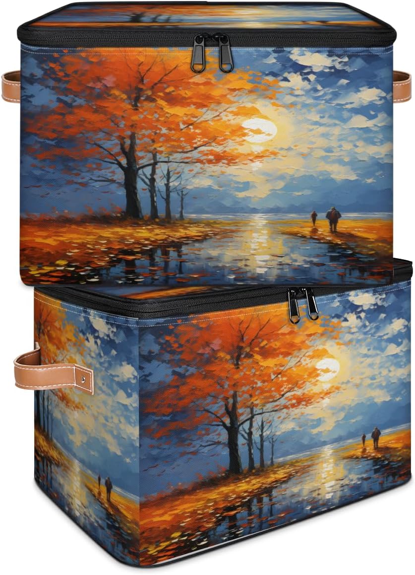 Storage Bin Set of 2 Oil Painting Fall Leaf Storage Basket with Zipper Lid & Handle Foldable Closet Shelf 2 Pack Cloth Organizer Basket Cube Bins Clothes Organizer for Bedroom, Nursery