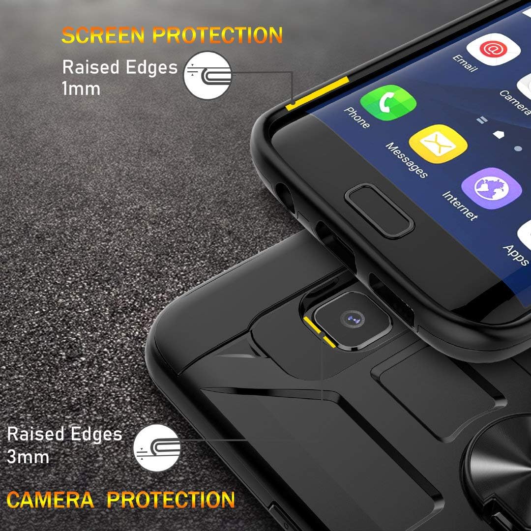 Galaxy S7 Edge Case, S7 Edge Case with HD Screen Protector, Jelly 360 Rotatable Metal Ring Holder Kickstand [Work with Magnetic Car Mount] Heavy Duty Shockproof Case for Galaxy S7 Edge - Black