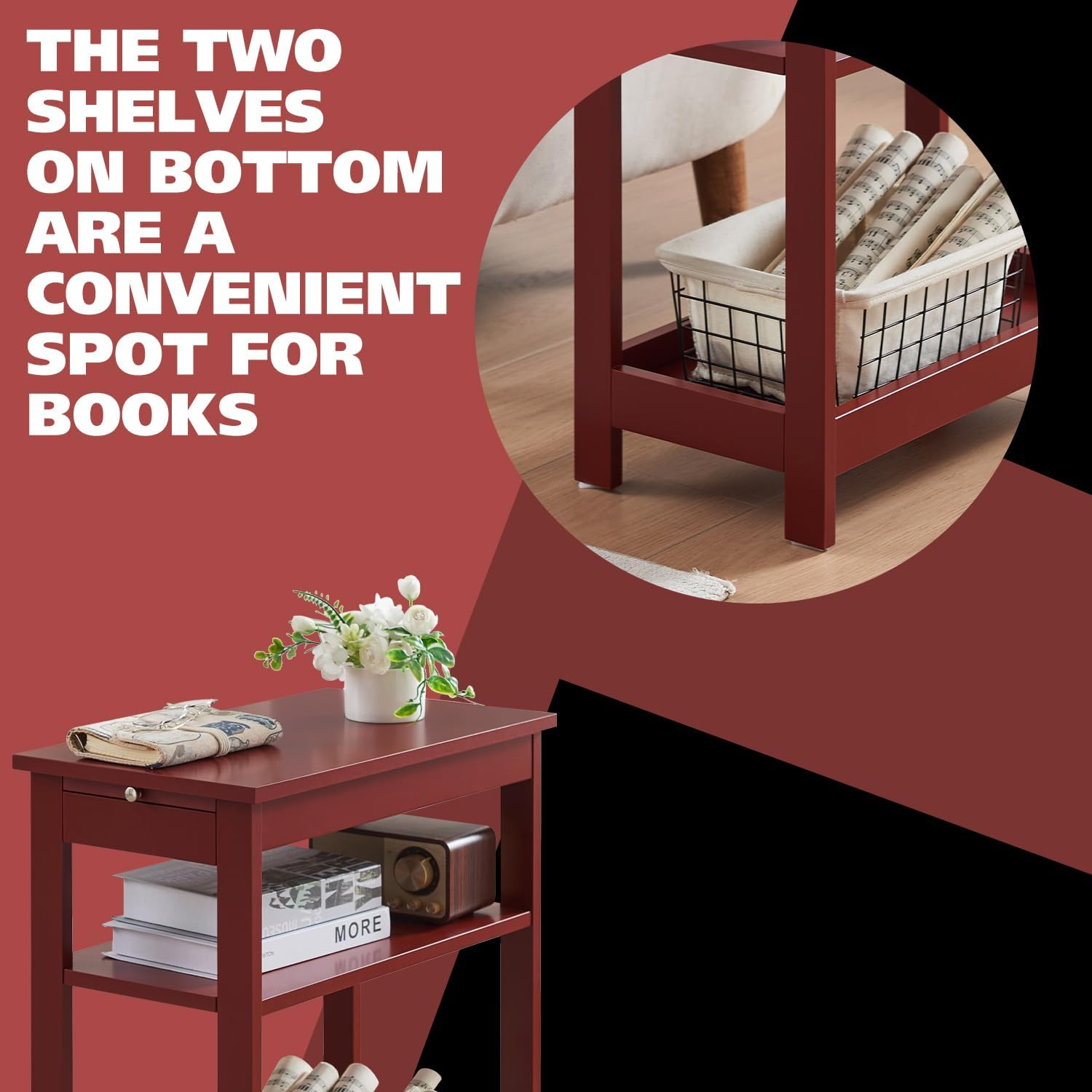 Kings Brand Furniture - Slim Wood Side End Table with Storage Shelves & Pull-Out Tray, Nightstand for Bedroom, Living Room, Red