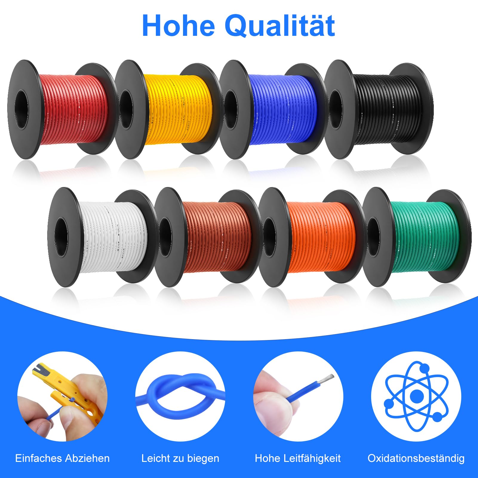 18 AWG 0,75mm² Silikon Litzenkabel Set in 8 Farben, 15 Meter pro Rolle Litzendraht Kabel, Flexibles Verzinntes Kupferkabel für KFZ, Haushalt, LED, Modellbau und DIY-Projekte