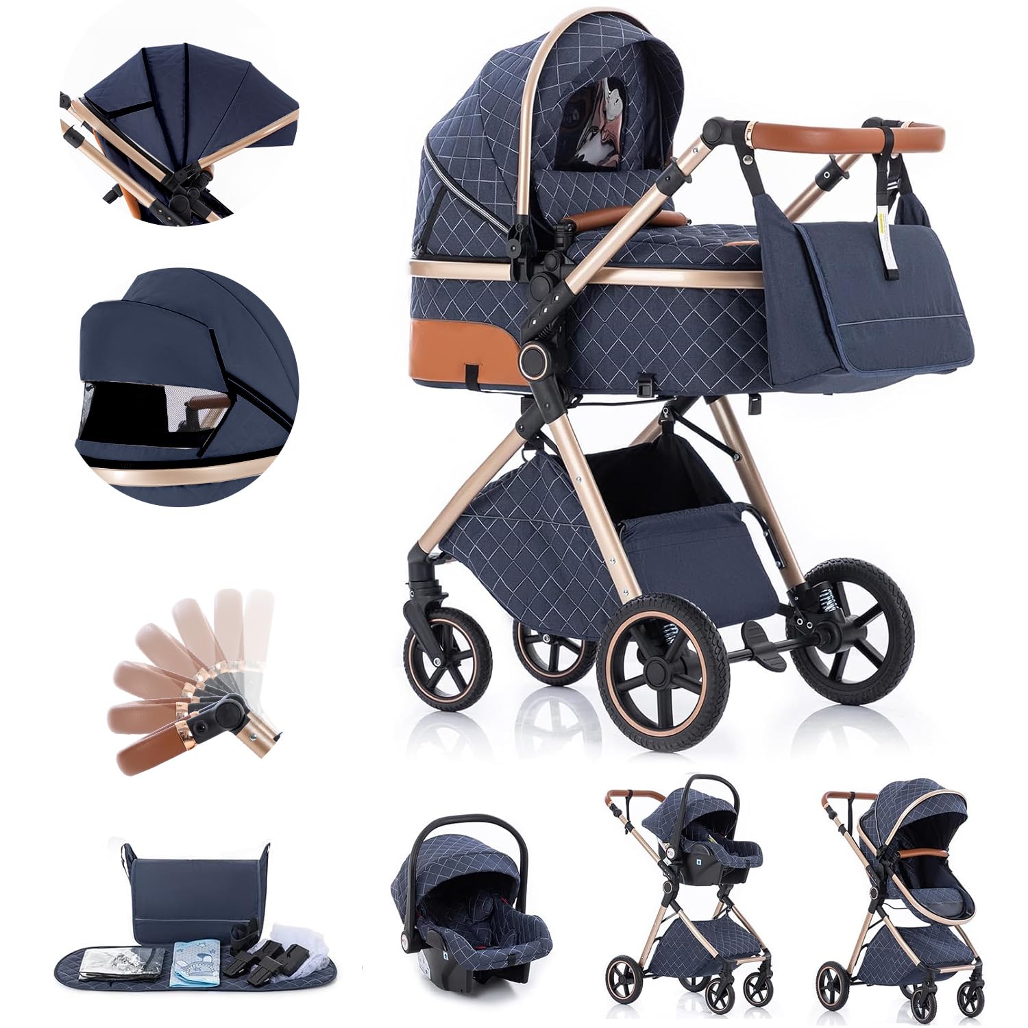 Gcarebb 3 in 1 Kinderwagen Reisesystem, Buggy mit höhenverstellbarem Griff, Reisewagen mit Regenschutz, Baby-Kinderwagen mit Aluminiumrahmen für Neugeborene