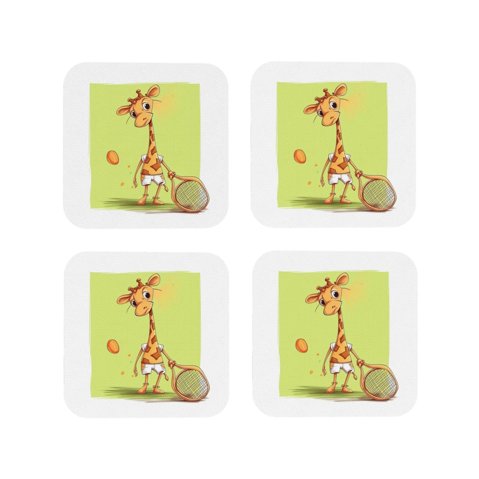 4pcs Drink Coasters for Tabletop Protection, 4" Leather Coasters for Drinks, Giraffe Playing Tennis Cup Coasters for Coffee Table Decor, Non-Slip Drinking Cup Mat for Hot Or Cold Drink
