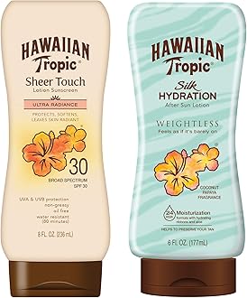 Hawaiian Tropic SPF 30 Broad Spectrum Sunscreen and After Sun Pack with 8oz Sheer Touch Moisturizing Sunscreen Lotion and 6oz Silk Hydration Weightless After Sun Lotion