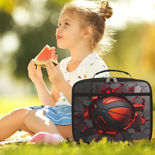 Miniatura 6 de YoCosy Lonchera para niños y niñas, color negro y rojo, bolsa de almuerzo aislada para baloncesto, reutilizable, pequeña bolsa enfriadora,