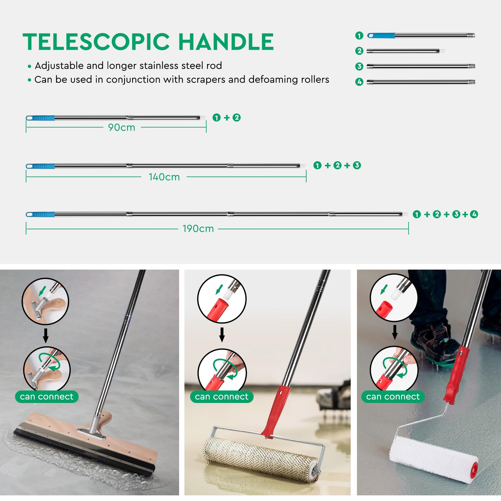 CPROSP 5tlg Bodenbeschichtung Werkzeug Set, Flächenrakel 56cm, Stachelwalze 47cm+21cm, Nagelschuhe 30cm, Teleskopstiel 200cm