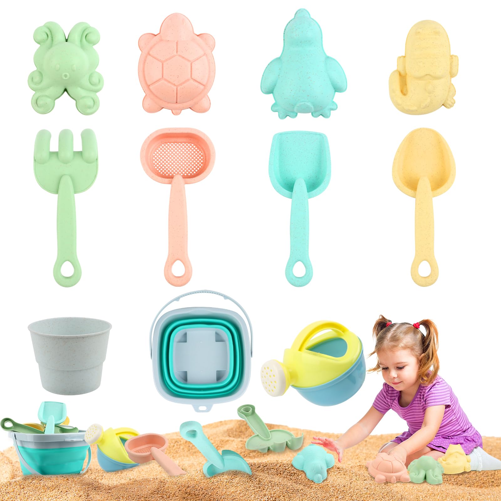 11pcs Juguetes Playa, Juguetes de Playa para Niños, Juegos de Niños con Pala de Arena, Cubo Plegable, Molde de Arena Y Regadera, Juego de Juguetes para Niñas Y Niños, Juguetes para Exteriores