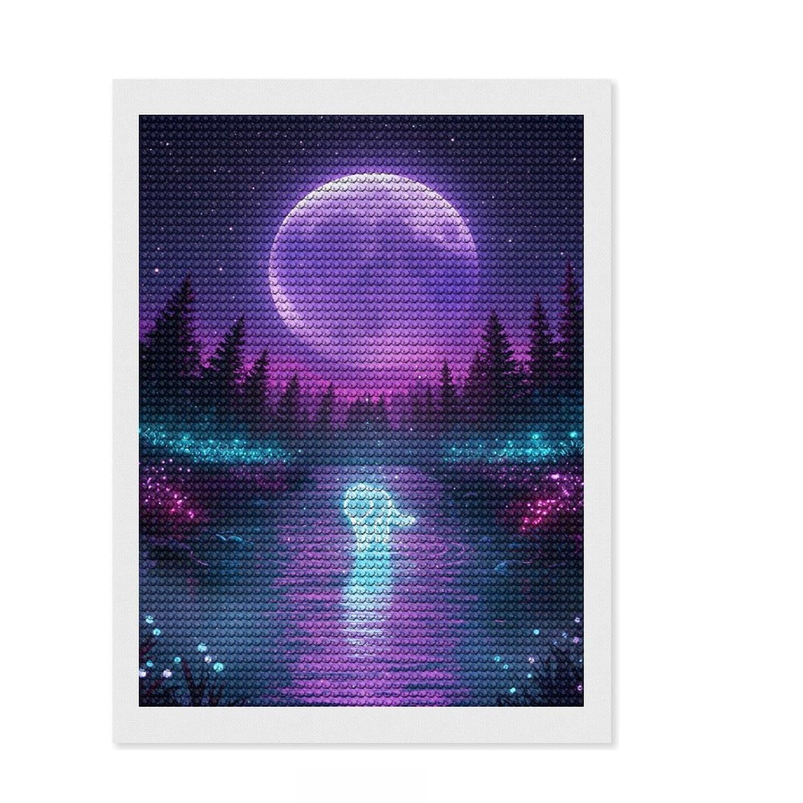 Junmoney Neon Wolf in Moonlight Stream DIY Diamond Art Canvas Kit 12"x16", for Family Craft Time, Relaxing DIY Hobby, Modern Decor, Festive Craft Gift