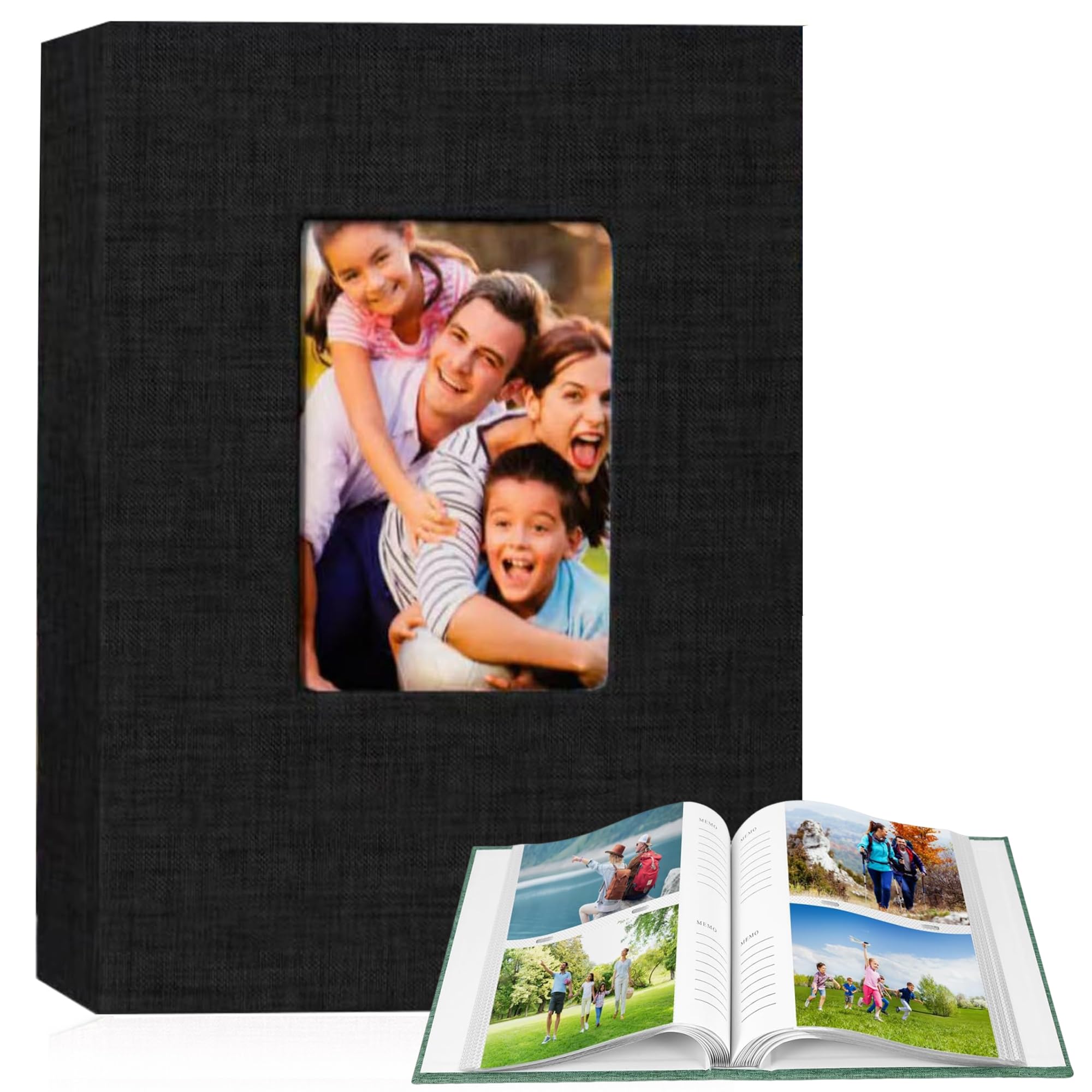 Photo Album 6x4 Holds 300 Photos - Premium Linen Cover with Display Window | Acid-Free Archival Quality for Wedding, Family & Baby Memories | Personalised Gift (Black)