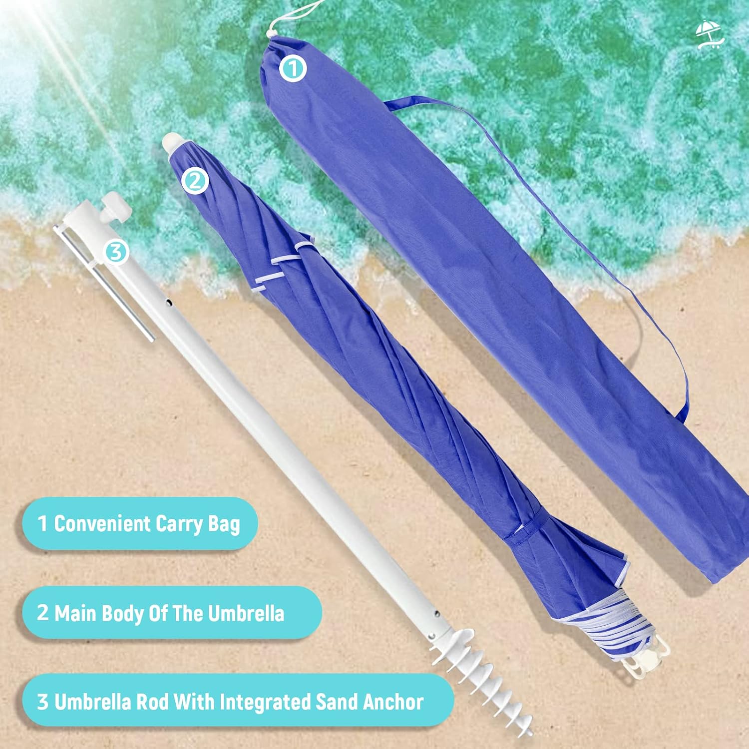 Bumblr 7.5ft Beach Umbrella with Sand Anchor & Tilt Mechanism Heavy Duty Outdoor Sunshade Portable Umbrella with Carry Bag Wind Resistant UV Protection for Sand Beach Garden Outdoor, Royal Blue