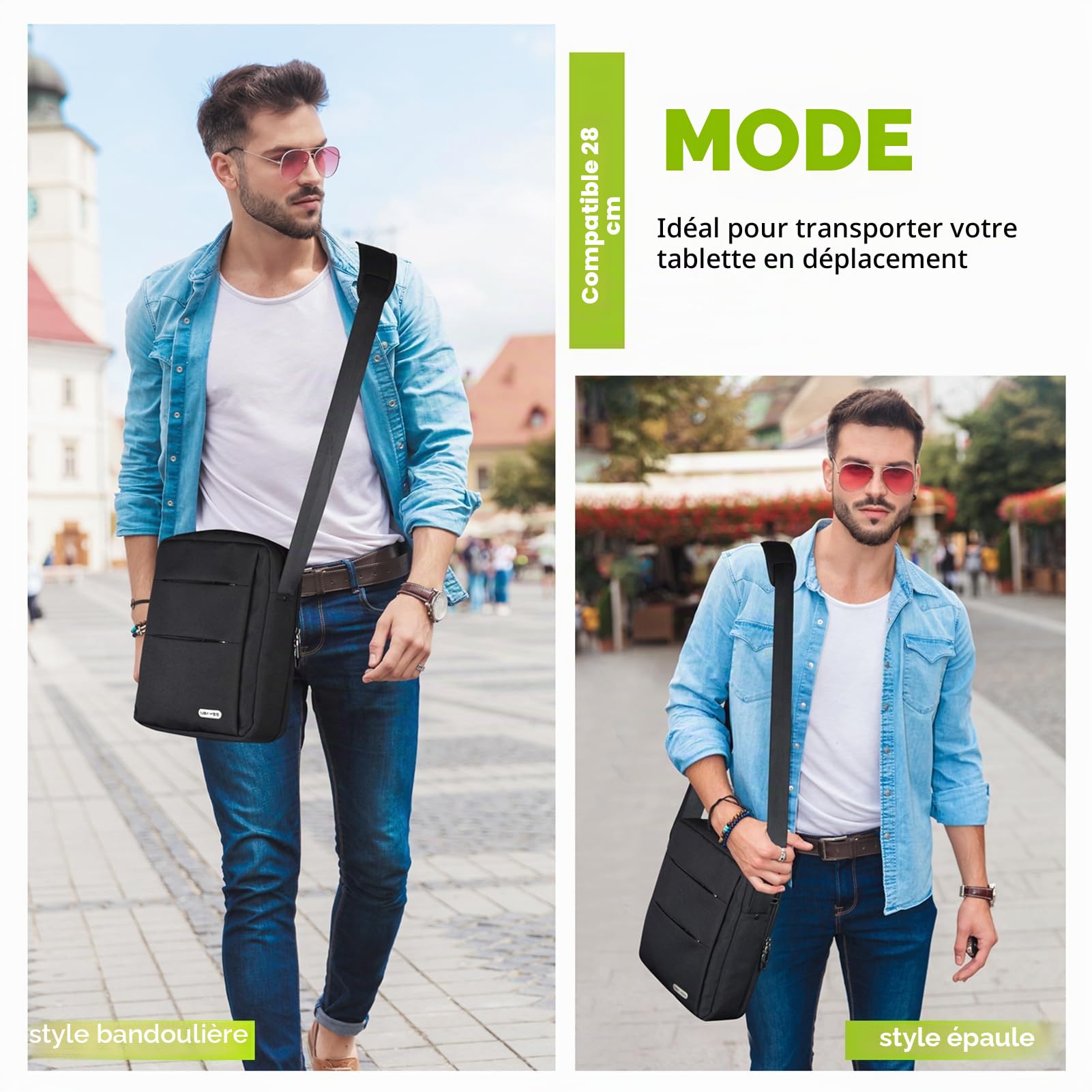 Sacoche Homme Bandoulière en Tissu Oxford avec Poche de Blocage RFID (Compatible avec iPad Tablette 11 Pouces, 27 cm (Noir)