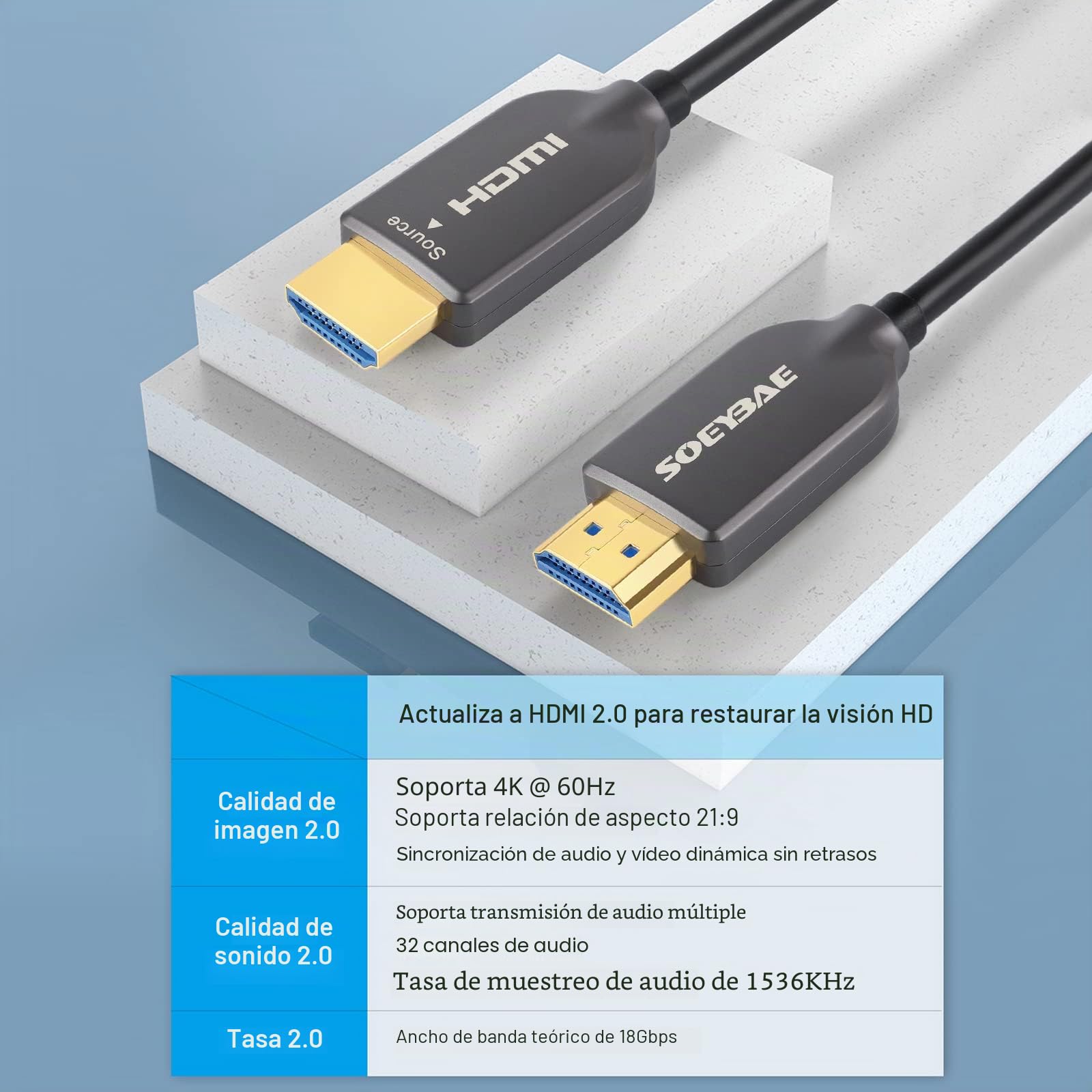 SOEYBAE Cable HDMI de Fibra Óptica 50M HDMI 2.0 4k@60Hz HDR 4:4:4, Ultra HD de Alta Velocidad 18Gbps, 3D, ARC, HDCP 2.2