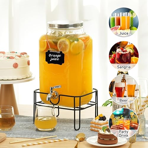Miniatura 6 de Moretoes Dispensador de bebidas de vidrio para fiestas, dispensador de bebidas de 2 galones con soporte para jugo y té helado, dispensador de jarra