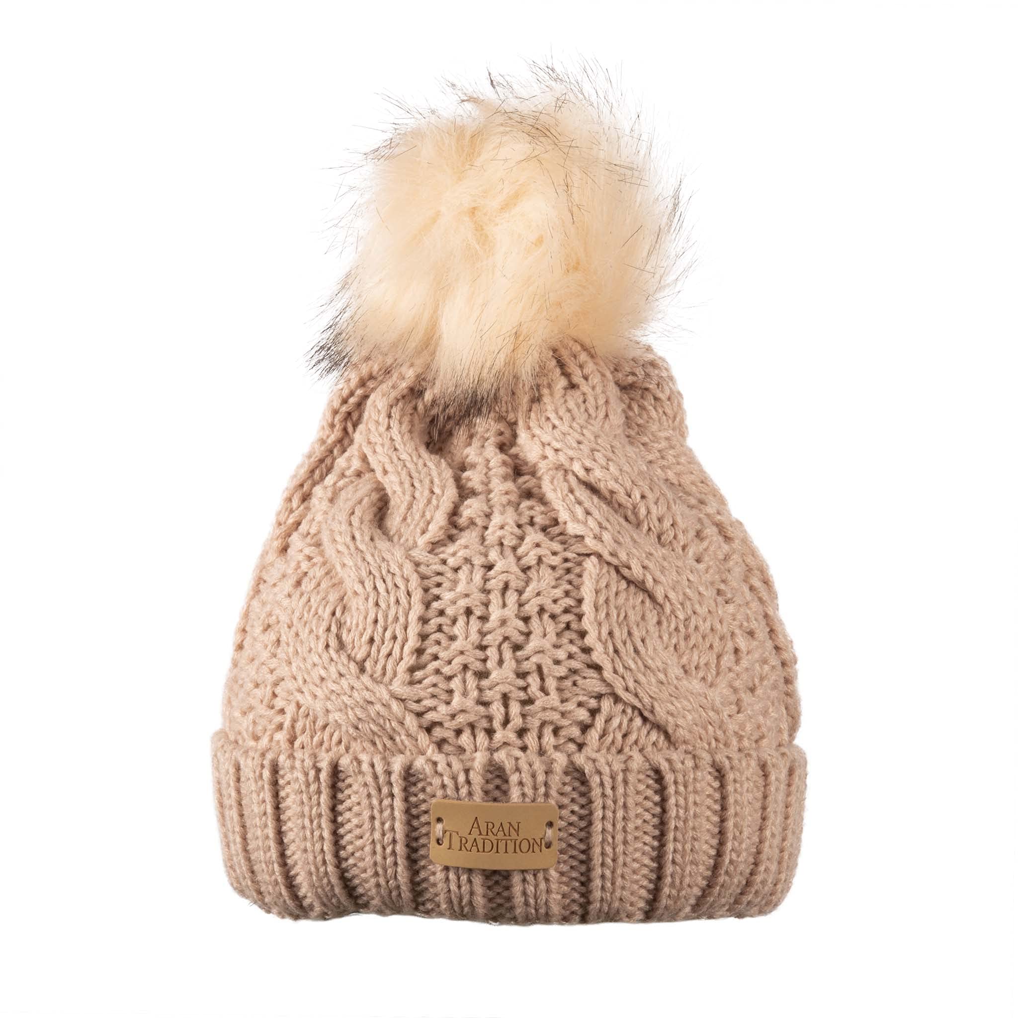 Aran Traditions Unisex Blush Pink Knit Faux Fur Pom Pom Bobble Hat, Hat, Pink Beanie Hat, Pink Pom Pom Hat, Blush Beanie, Blush Bobble Hat