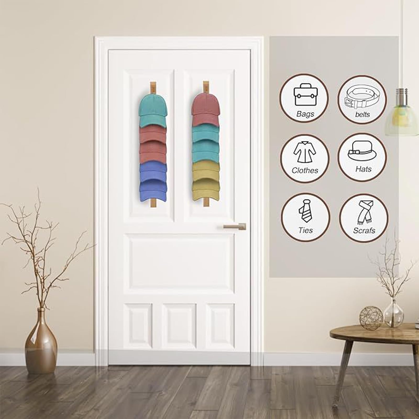 Generico Porta Cappelli da Parete in Legno - 2 Pezzi Espositore per Sciarpe e Cappellini da Baseball - Organizer e Ganci per Appendere