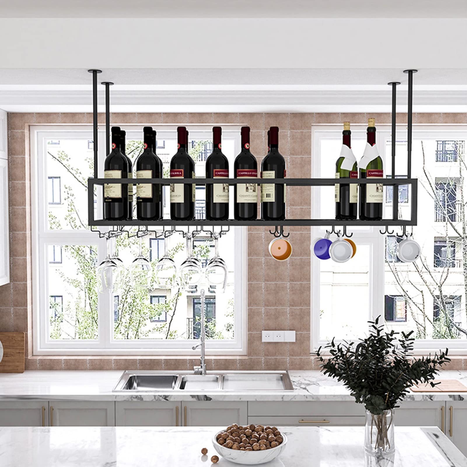 Porte-bouteilles suspendu en métal noir 120cm avec support verres suspendus