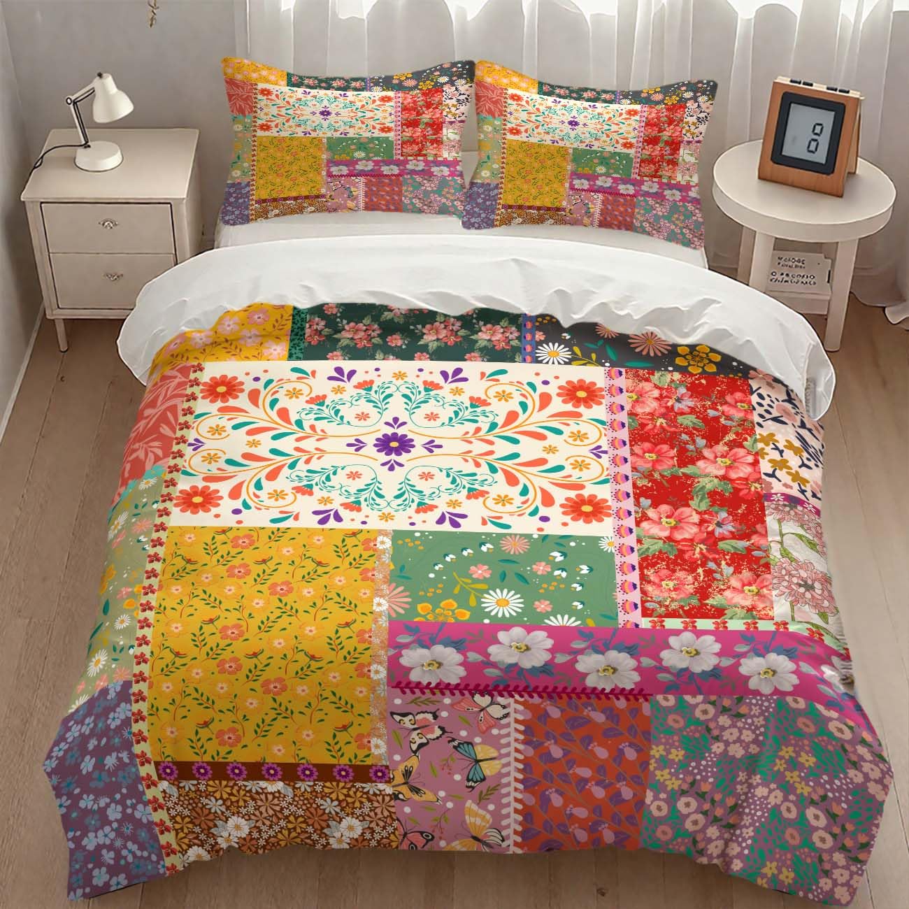 Boho Patchwork Bedding Duvet Cover Set,Spring Colorful Wildflower Farmhouse Bohemian Country Retro Floral Rural Cottage Bedding Duvet Cover Set with Pillowcase for Bedroom Bed Decor,Full 79"x90"