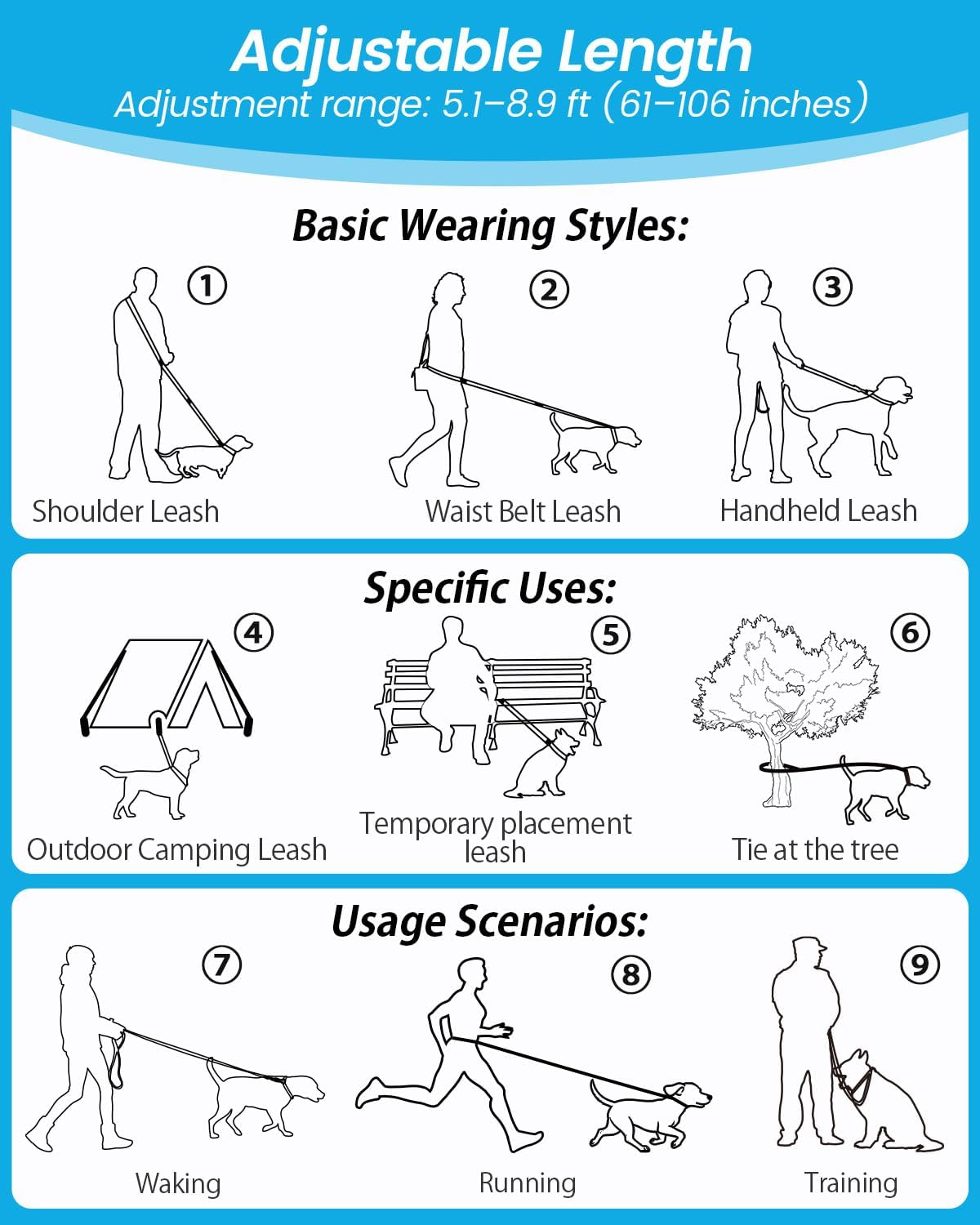 5.3-8.9 ft Medium-Size and a 5.9-9.5 ft Hands-Free Dog Leash (with Safety Buckle).