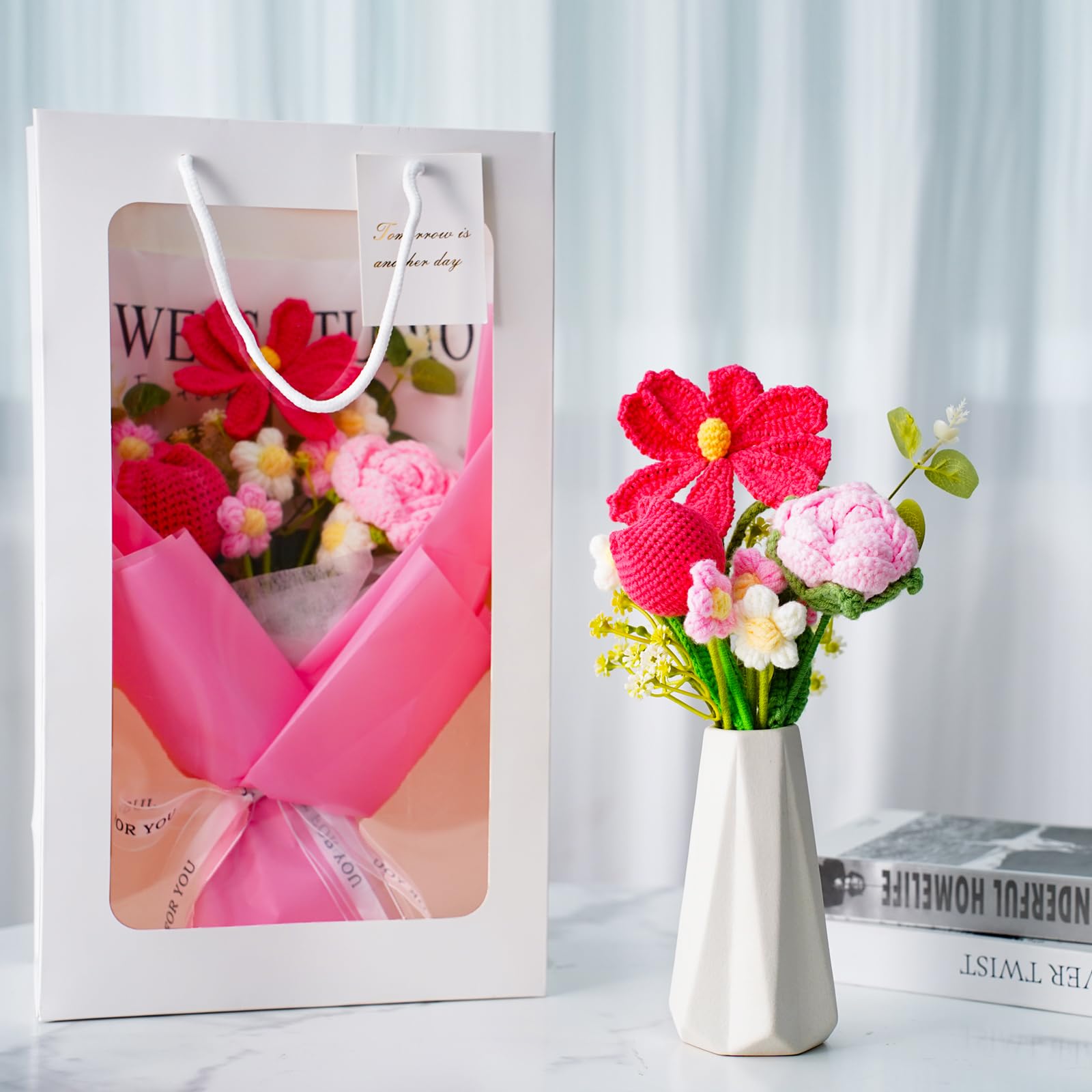 Gehäkelter Blumenstrauß in Rosa, Handgemachte Künstliche Blumen, Allergikerfreundliche Frühlingsdeko & Ästhetische Raumdeko