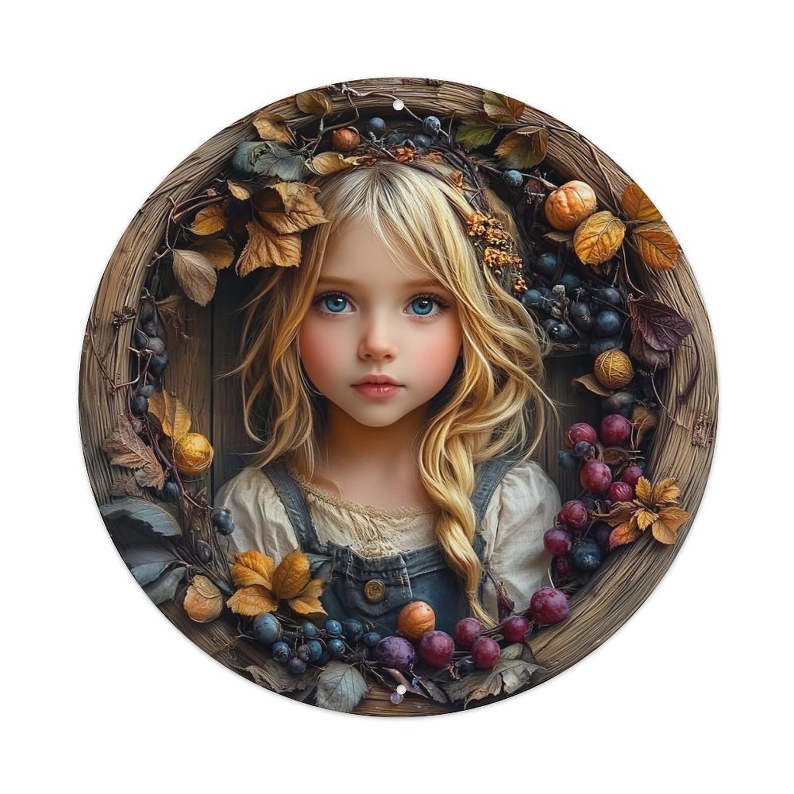 Autumn Leaves Berries Wreath Girl Metal Tin Sign Plaque