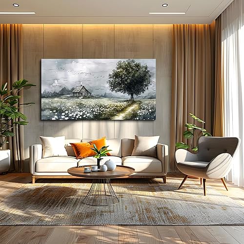 Miniatura 5 de ERQINHUA Lienzo gris para pared de sala de estar, decoración de pared de granja para dormitorio, oficina, campo, paisaje, cuadros, árbol, paisaje,