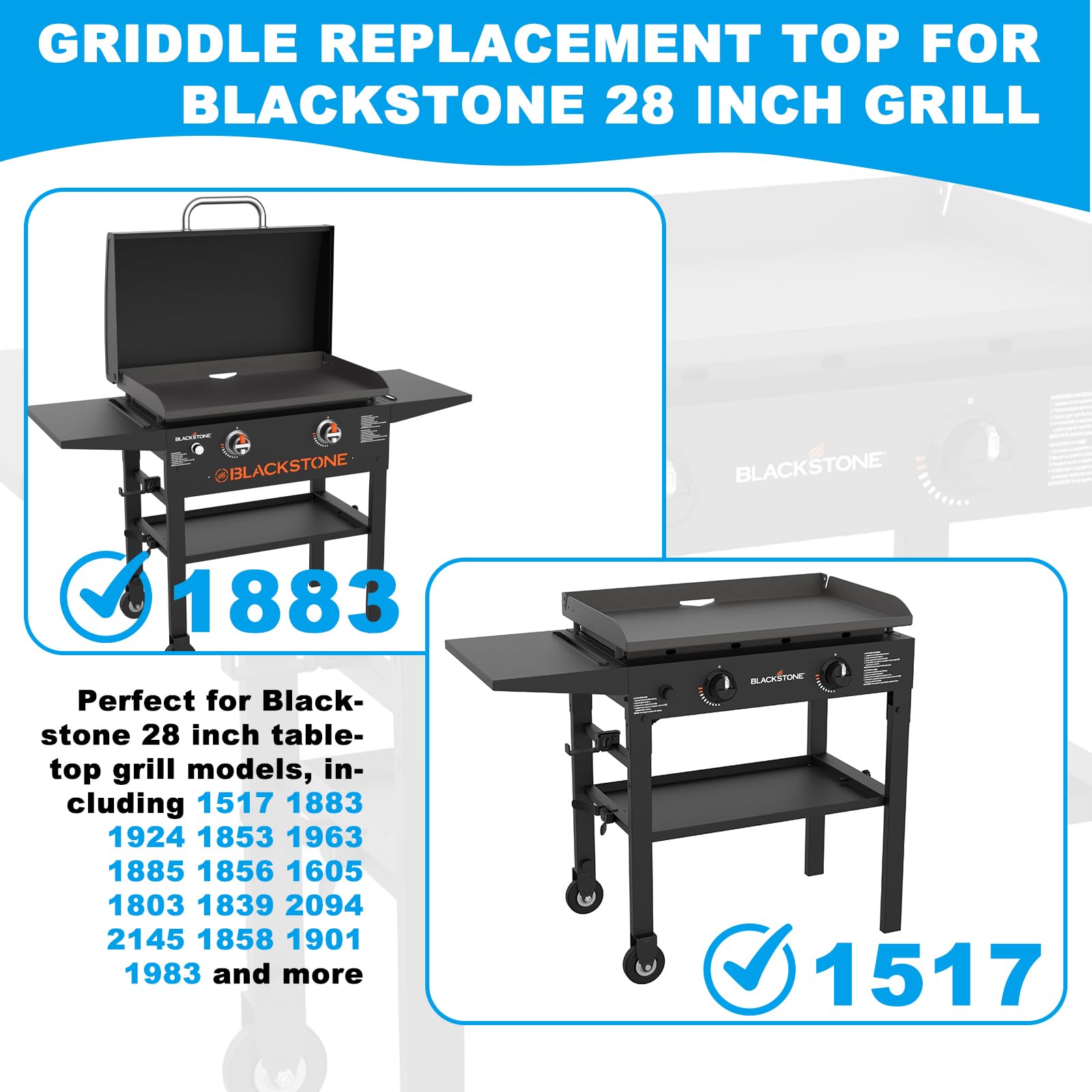 Plancha plana para Blackstone de 28 pulgadas con recubrimiento en polvo de acero con sistema de grasa trasera para Blackstone 1517 1883 1924 1853 1963 1885 1856 1605 1803 3