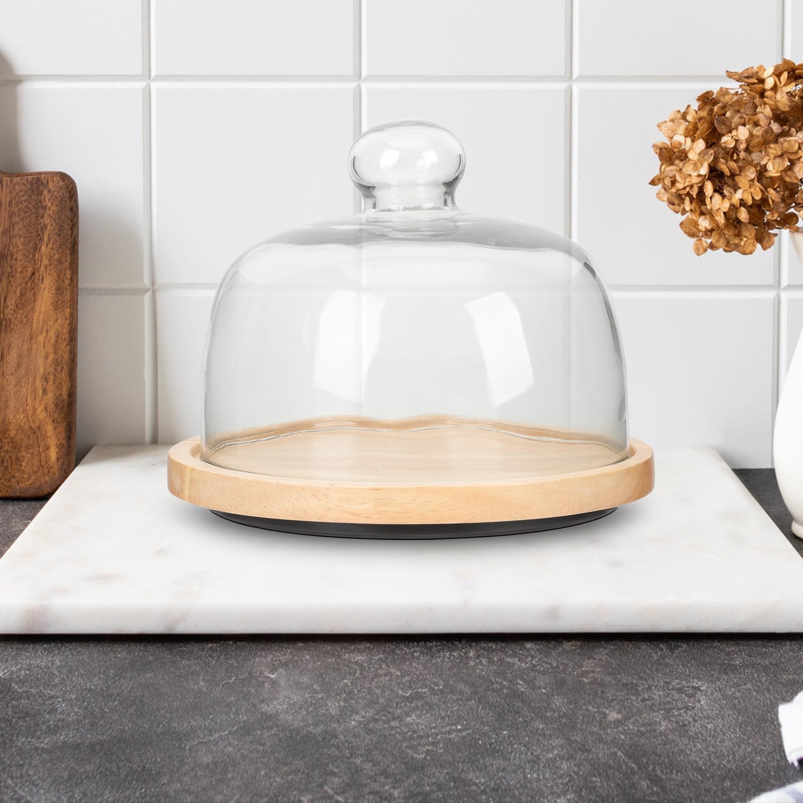Cloche à Gâteau en Verre Plateau en Bois, Couvercle Rond, Plateau Tournant, Facile à Transporter, pour Mariages et Dîners de Fête