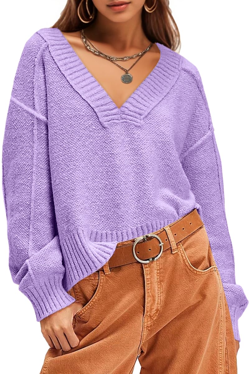 UNCLECAT Womens V Neck Sweaters 2025 Long Sleeve Fall Sweaters Casual Knit Trendy Pullover Tops