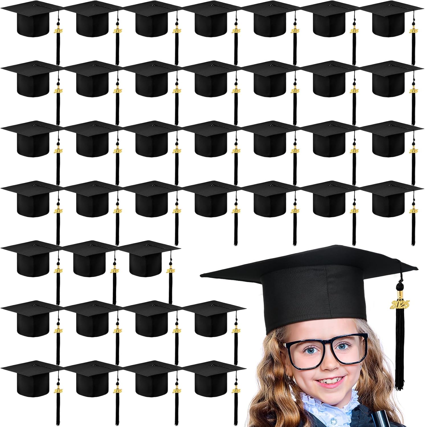 Berlune Child Size 2025 Preschool Grad Caps Bulk Kindergarten Graduation Cap Grad Hats with Metal 2025 Tassel for Preschool white 36 pieces