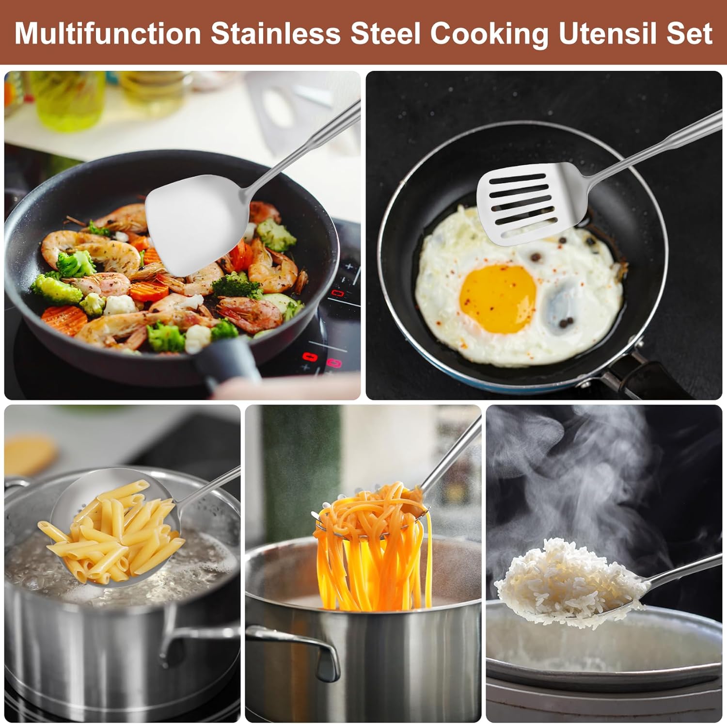 18 10 Stainless Steel Cooking Utensils Set, 10pcs Long Metal Kitchen Utensils Set Come with Spoon, Fork, Spatula, Ladle, Skimmer, Turner, Pasta Server(13-14inch)
