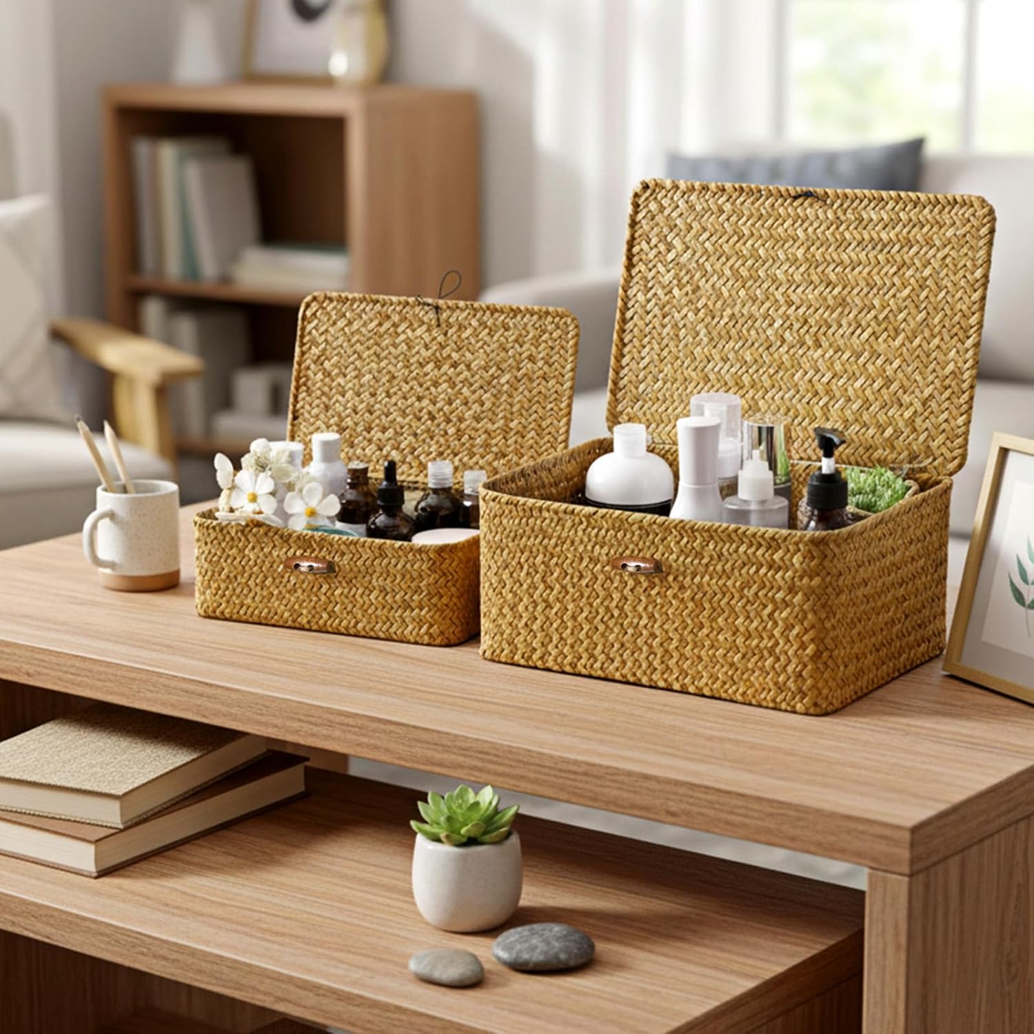 4 Set Wicker Storage Basket With Lid, 4 Size Handwoven Storage Bins Shelf Baskets Multipurpose Container for Home & Office Supplies