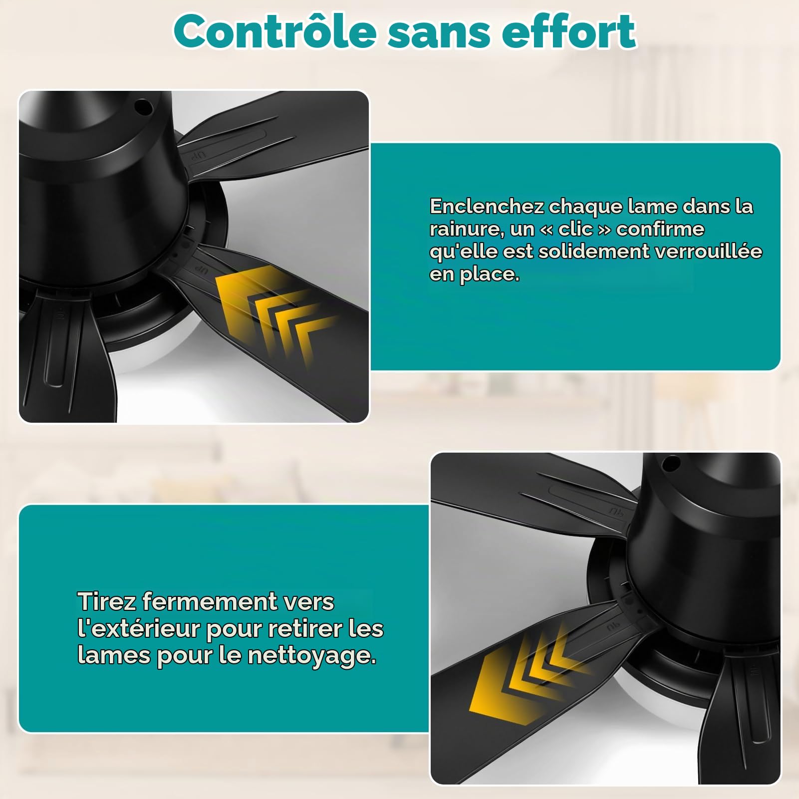 Ventilateurs de plafond avec lumières, ventilateur silencieux E27 Ø20,5 inch/53 cm, 6 pales, minuterie, 3 vitesses et changement couleur détachable pour chambre coucher salon cuisine salle bain garage