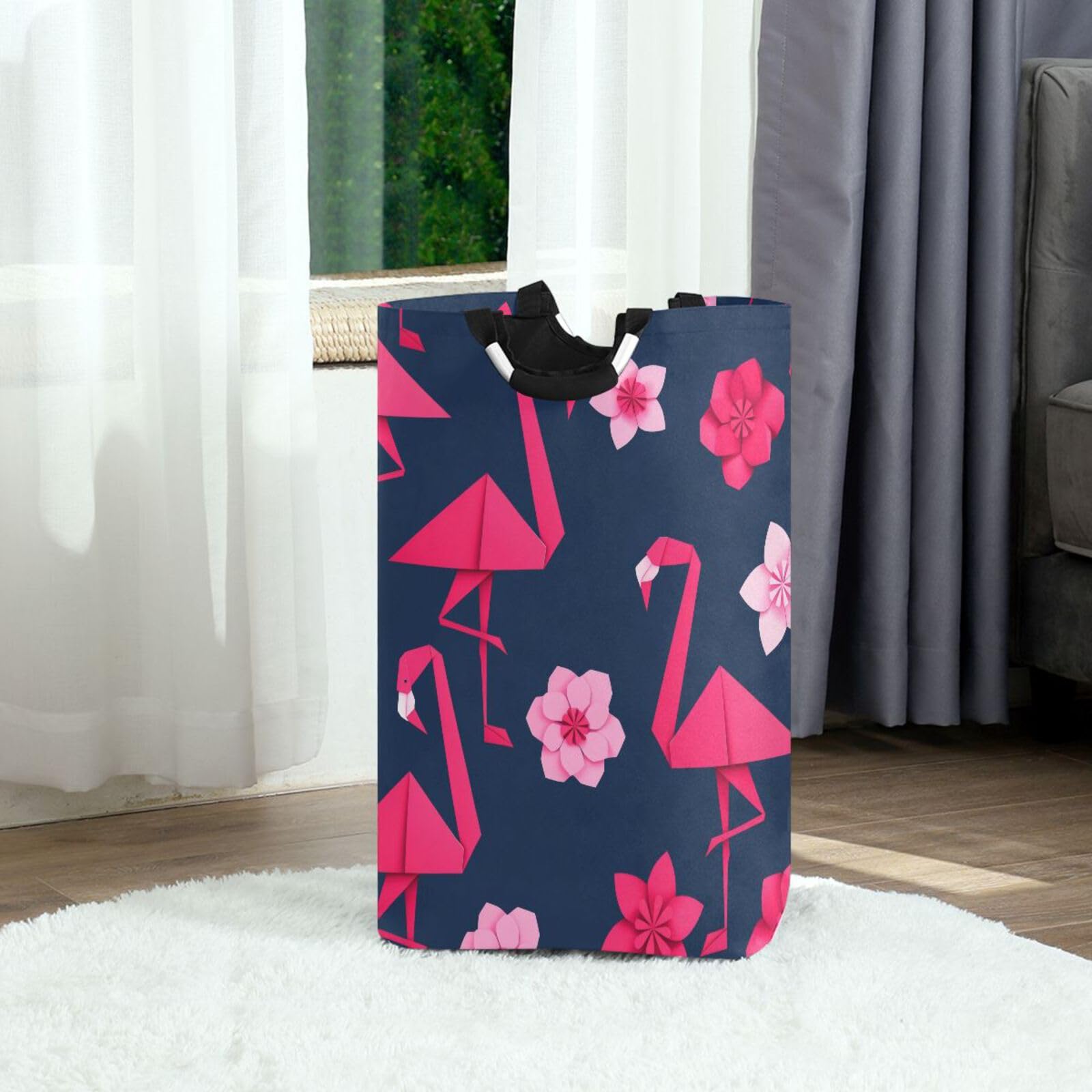 Jihqo Laundry Hamper Basket Flamingo Tropical Flowers Collapsible Nursery Storage Bin Waterproof Clothing Baskets for Home Bedroom Bathroom Washing Room