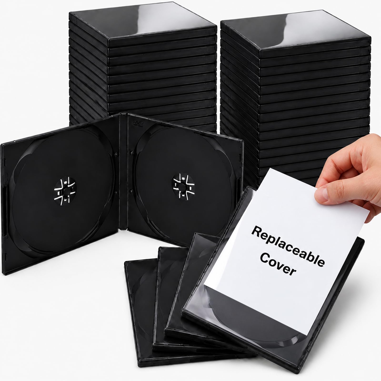 Sabary Black 25 Pack 10.4mm Standard Double Cd Jewel Case Plastic Double 2 Disc Capacity with Two Disc Hubs DVD Cd Case Disks Cover for Protection Replacement