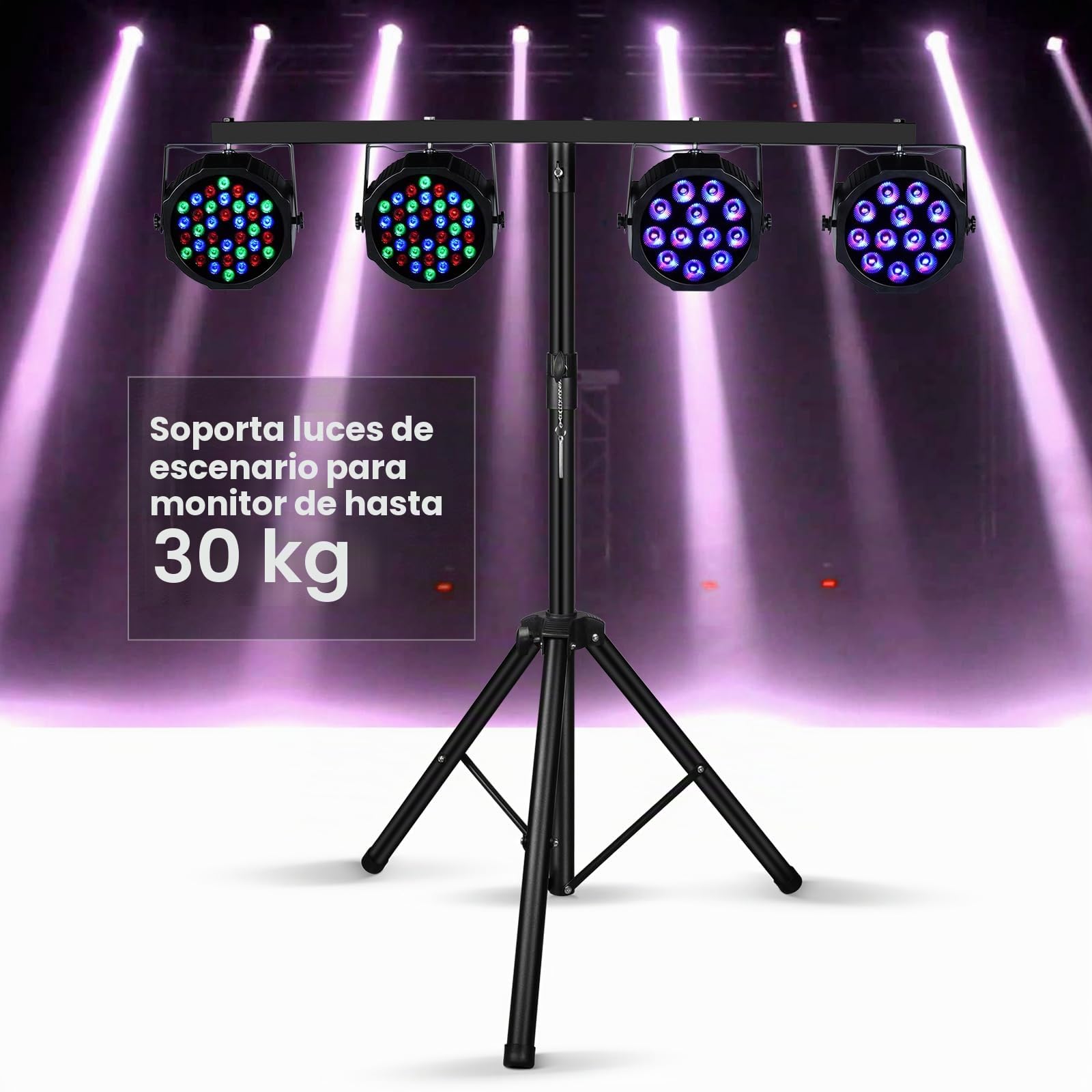 U`King Soporte de Luz con 950mm Barras Transversales, T-Bar Soporte de Iluminación con Trípode Estable para Instalar 4 Focos Par/Cabeza Móvil, altura ajustable de 99 cm a 180 cm