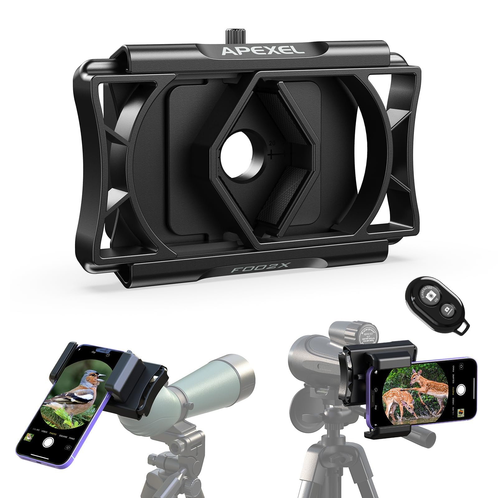 APEXEL Mise à Niveau Adaptateur de téléphone Portable avec déclencheur à Distance,Rotation à 360 °Compatible avec Jumelles monoculaires et microscopes,Adaptateur télescopique pour Smartphones