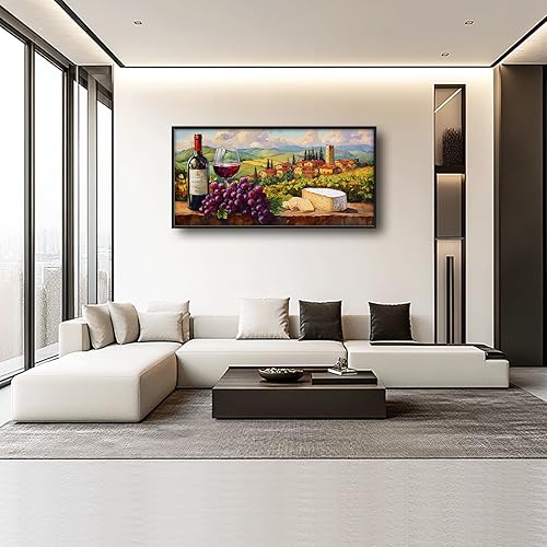 Miniatura 2 de Arte de pared con vino, cuadros rústicos de uvas y vino tinto, pinturas de paisaje de la Toscana retro en lienzo, gran obra de arte enmarcada para