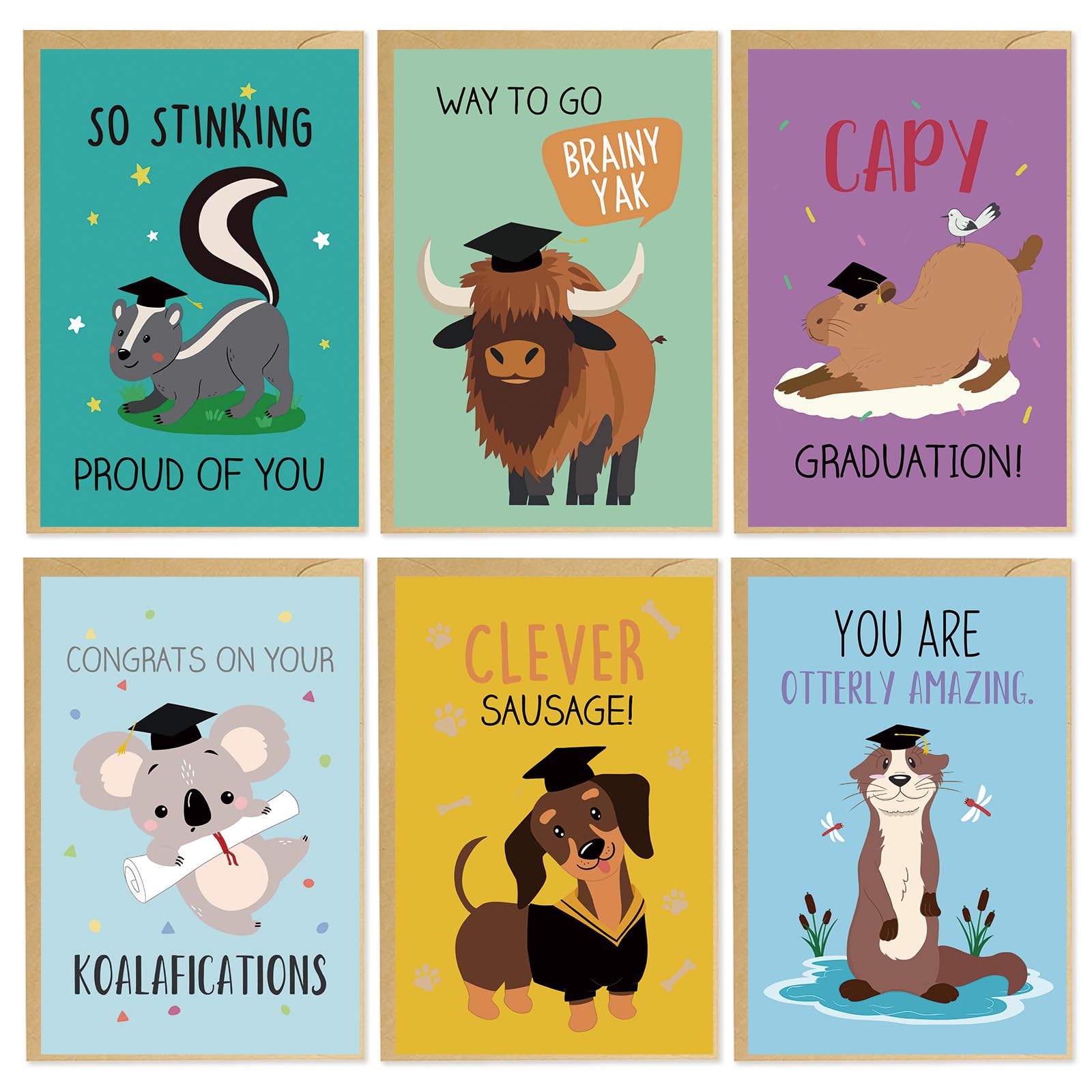24 Funny Graduation Cards Bulk, 6 x 4 In Animals Graduation Cards Pack with Envelopes Stickers, Congrats Grad Gifts for Preschool Middle School High
