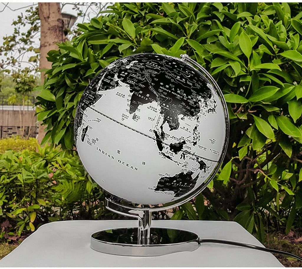 HRTC Globo Elegante clásico más Nuevo con Soporte de Base de Metal Cromado Globo Blanco y Negro iluminación Led Globo terráqueo para Oficina en casa 9,8" Libro de Texto práctico