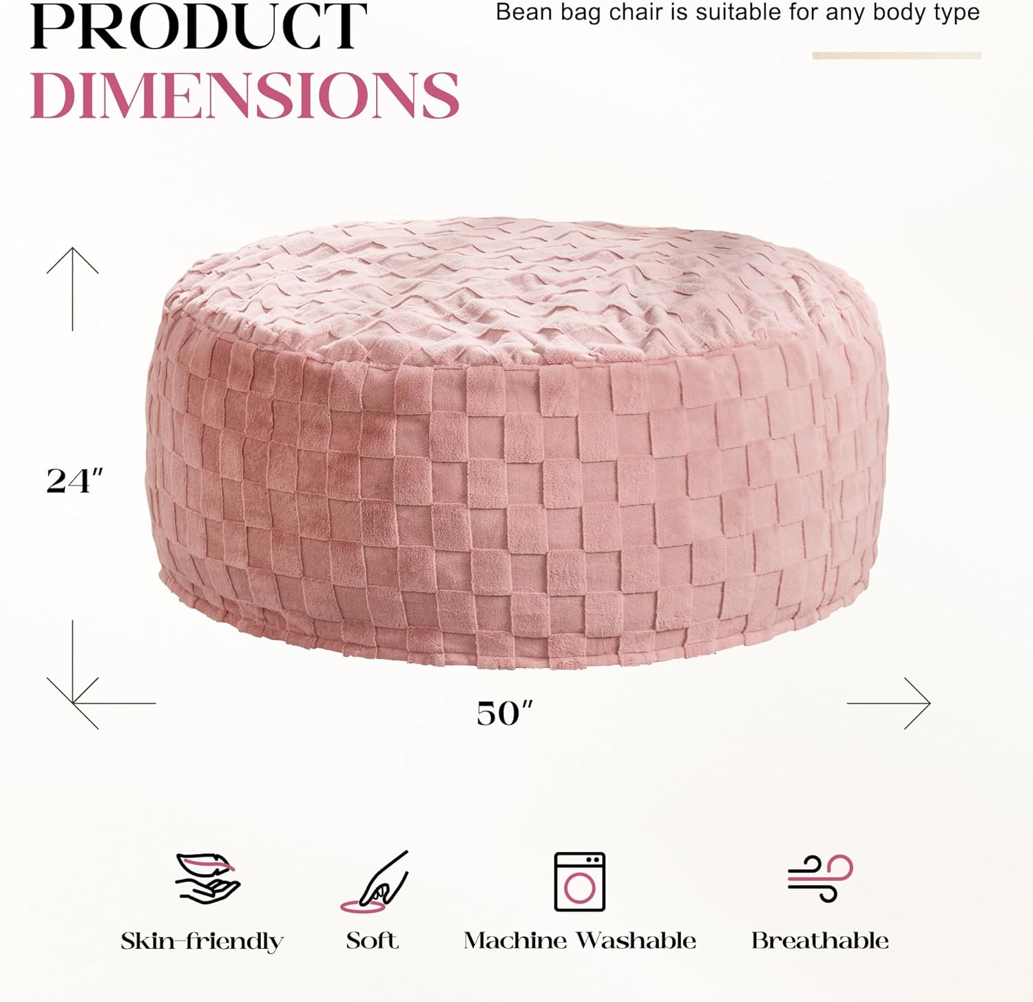 Hobestluk Bean Bag Chairs Beanbag Chair with Filler Adult Bean Bags with Fluffy Plaid Cover, Giant Bean Bag Chairs for Adults for Living Room, Bedroom (Pink, 5FT - 50” x 50” x 24”) - Image 2