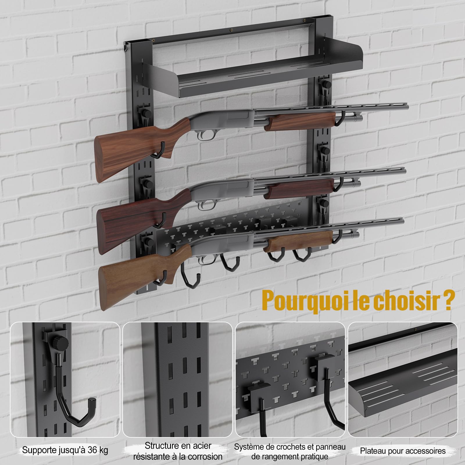 OneTigris Panneau mural MOLLE avec étagère en acier inoxydable - Organiseur mural pour équipement, fusils, casques et gilets