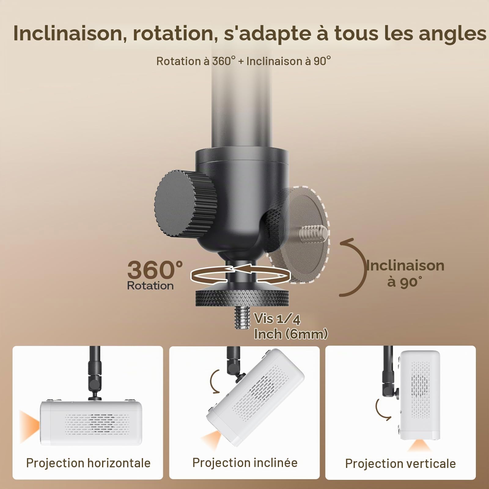 Aurzen Support Plafond pour projecteur, Rotatif à 360° et inclinable à 90° | Réglable de 9 à 15", vis 6,35 mm, compatible avec la plupart des projecteurs, dont Aurzen, Epson et Yaber.