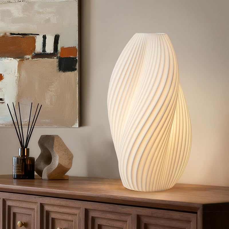 Lámpara de mesa decorativa de cerámica moderna, sala de estar, dormitorio, mesita de noche | Lámpara de iluminación ambiental cálida única hecha a mano, pantalla de cerámica translúcida blanca decorativa, totalmente regulable, con cable, bombilla incluida