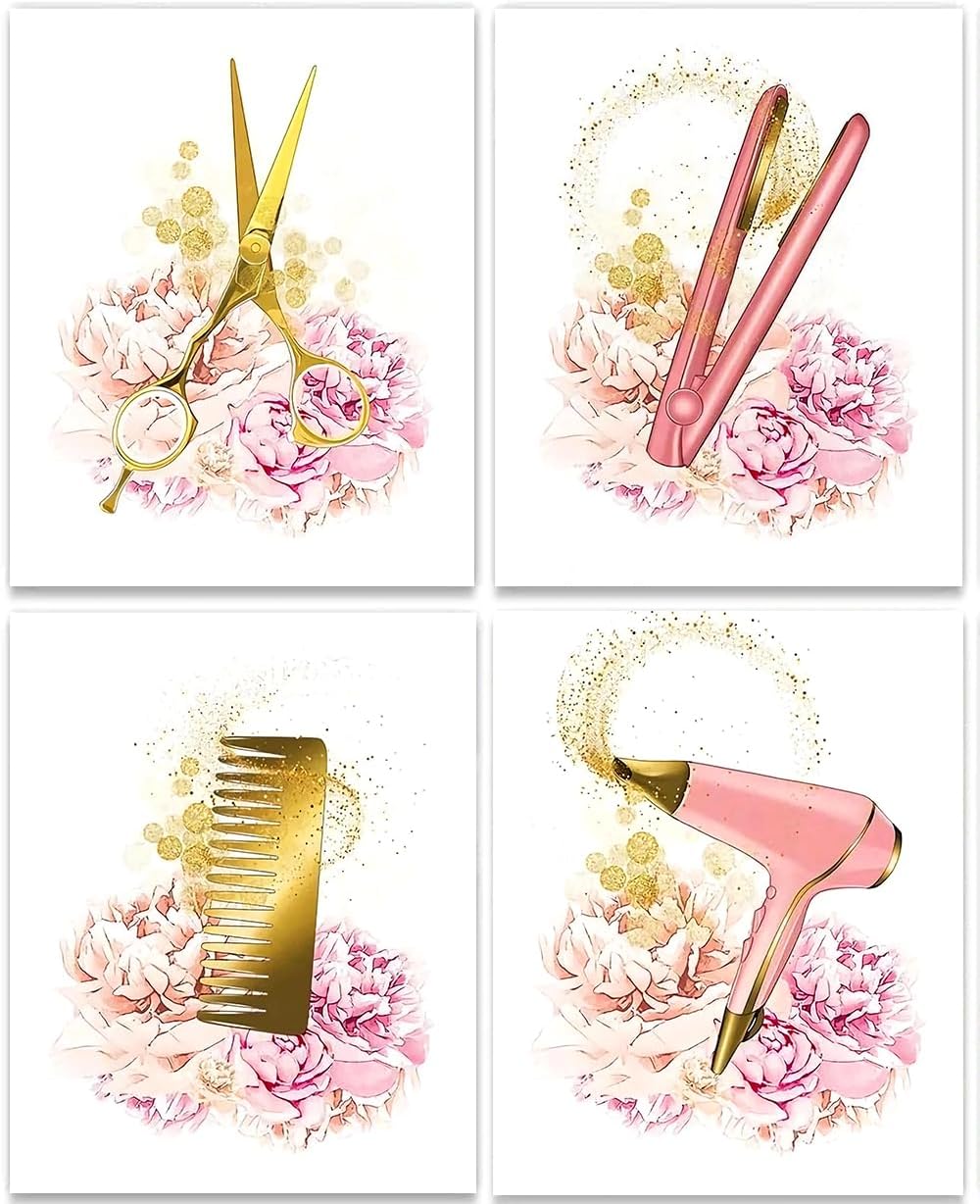 Hair Salon Wall Art,Fashion Haircut Tools with Pink Flower Painting Posters,Hairdresser Tools Wall Art Decor,Haircut Accessories Picture Golden and Pink Hairdresser Tools Paintings for Living Room