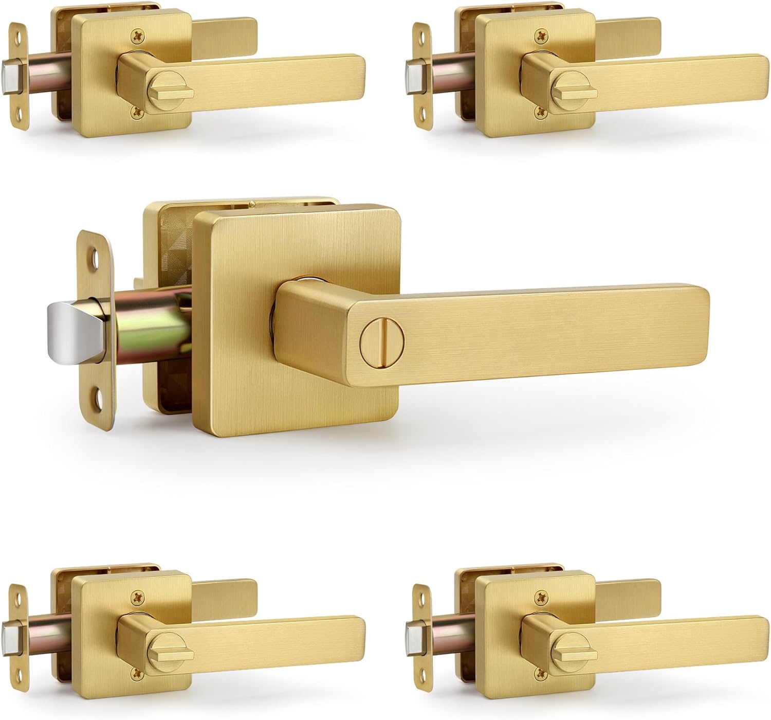 Square Privacy Gold Door Handles (No Key) for Bathroom and Interior Closet, Heavy-Duty Brushed Gold Reversible Door Lever, Satin Brass, 5 Pack