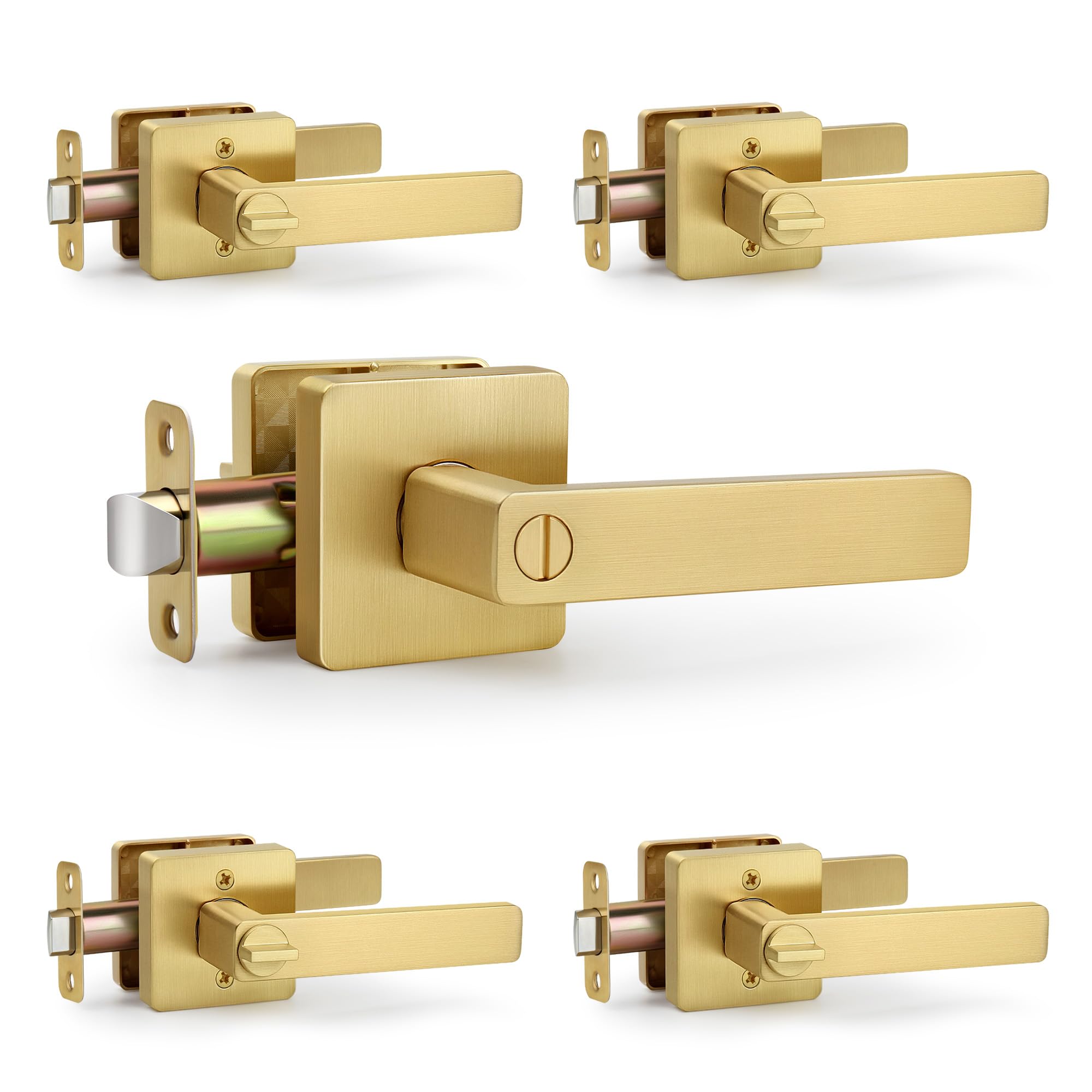 Photo 1 of LOQRON Square Privacy Gold Door Handles (No Key) for Bathroom and Interior Closet, Heavy-Duty Brushed Gold Reversible Door Lever, Satin Brass, 5 Pack