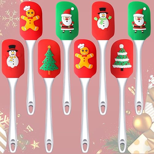 8 espátulas de silicona navideñas con patrón de Papá Noel, espátula de decoración de pasteles de Navidad, espátula de silicona de cocina con mango